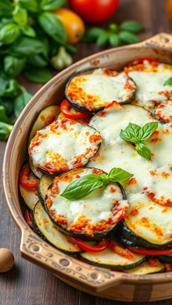 A baked dish of zucchini and eggplant layered with tomatoes and cheese, garnished with basil on a wooden table.